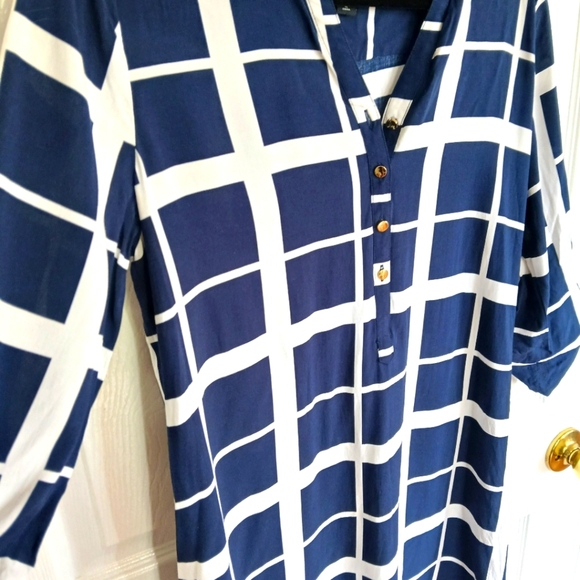 Cynthia Rowley Women's 3/4 Length Sleeve Navy And White Plaid Shirt Dress Size 8 - Picture 3 of 6